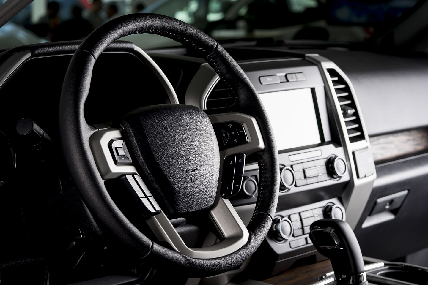 Modern pickup truck interior, touch screen panel, leather seats